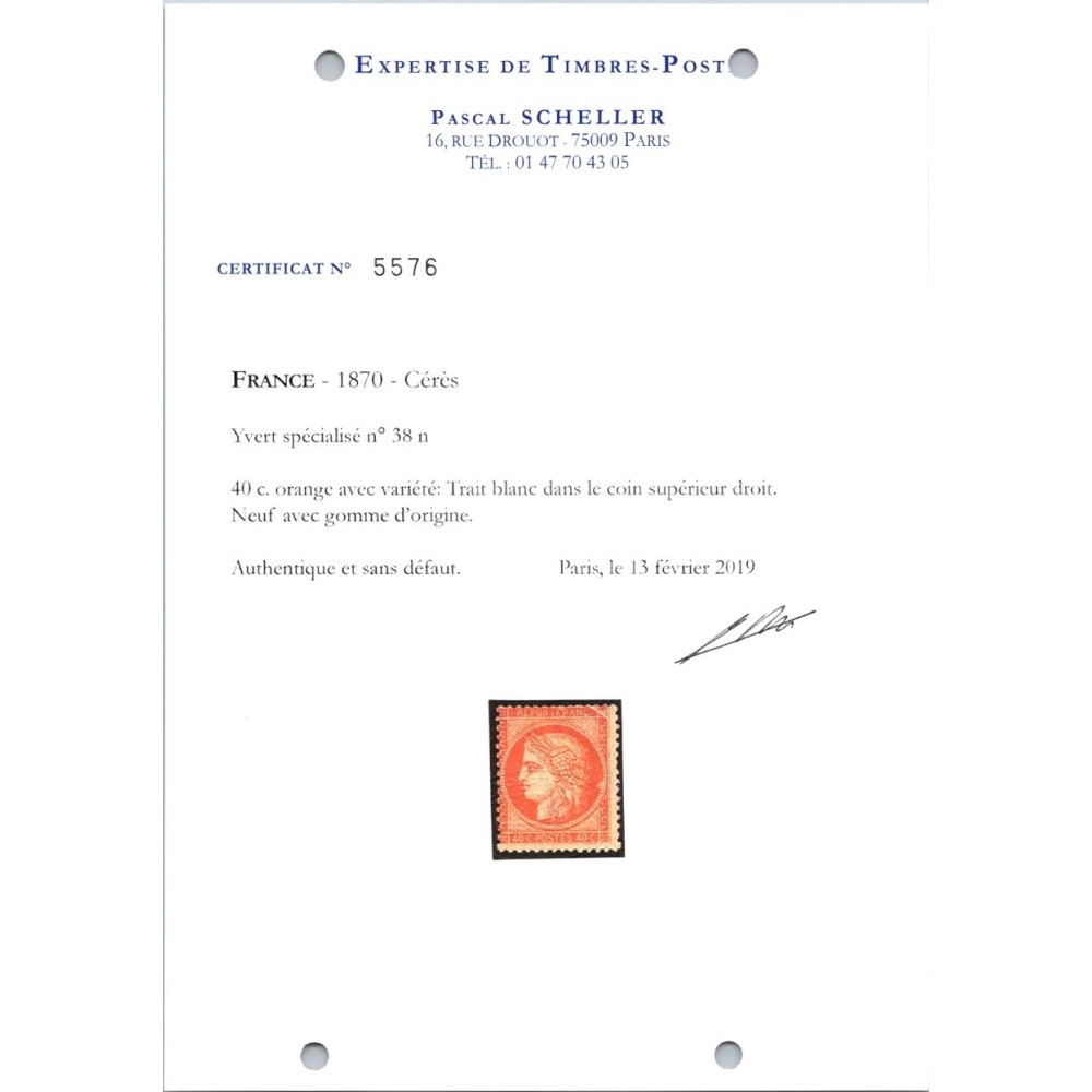 YT 38 - Neuf x - Variété : cassure Haut droit - Certificat 5576 - Cote 1100 Euros