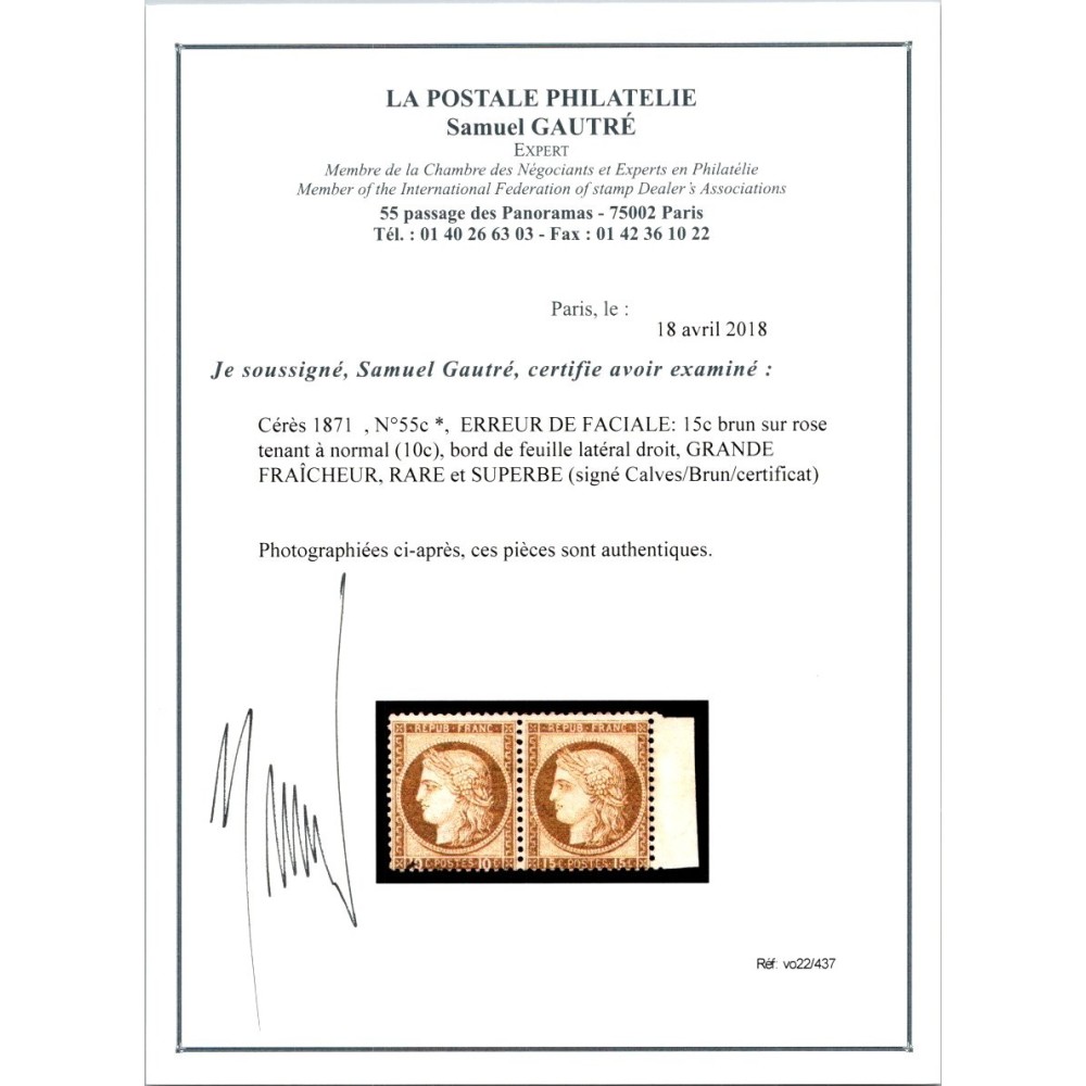 YT 55 c - 15 c. et 10 c. - Neuf x - Certificat VO 22/437 et VO 82/328 - Cote 13000 Euros