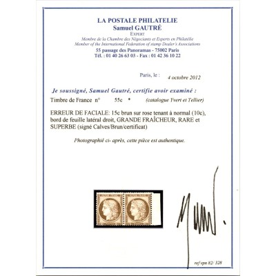 YT 55 c - 15 c. et 10 c. - Neuf x - Certificat VO 22/437 et VO 82/328 - Cote 13000 Euros