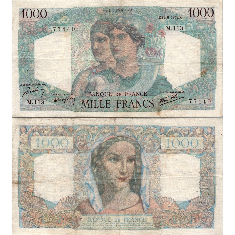 1000 Francs Minerve et Hercule - 23/08/1945 - F.41.07 - Alph 113 - TTB
