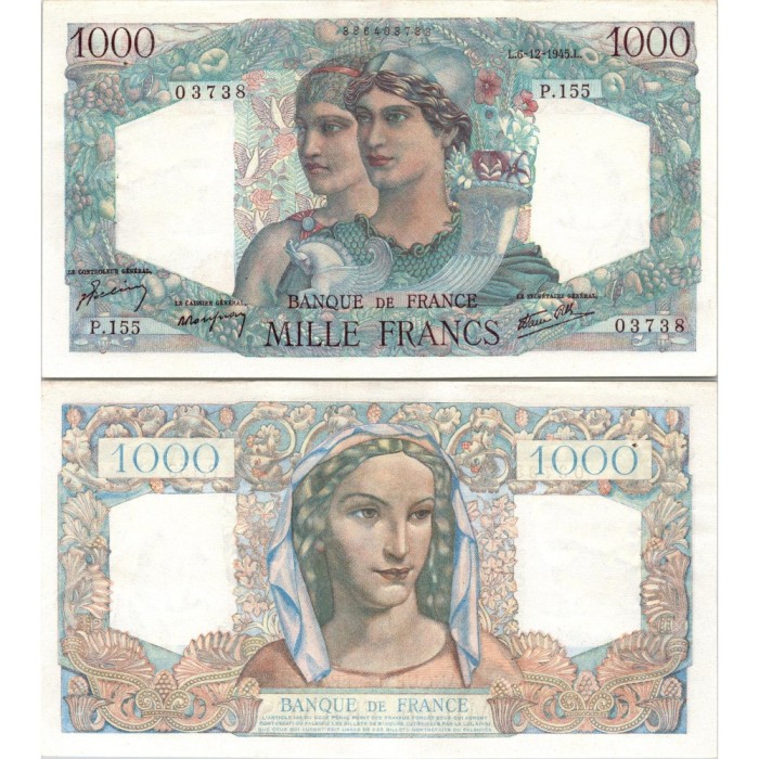 1000 Francs Minerve et Hercule - 6/12/1945 - F.41.09 - Alph 155 - SPL