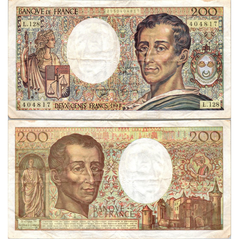 200 Francs Montesquieu - 1992 - F.70.12c - Alph 128 - TTB
