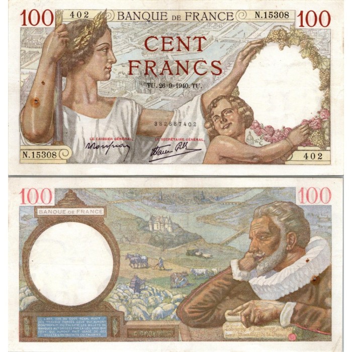 100 Francs Sully - 26/09/1940 - F.26.38 - Alph 15308 - TTB
