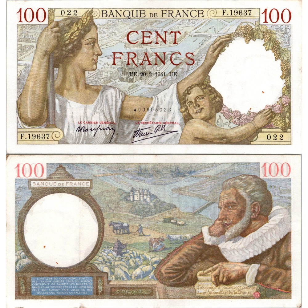 100 Francs Sully - 20/02/1941 - F.26.47 - Alph 19637 - SUP