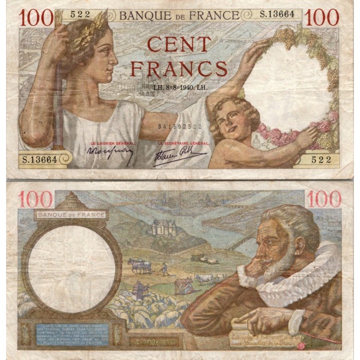 100 Francs Sully - 8/08/1940 - F.26.35 - Alph 13664 - TTB