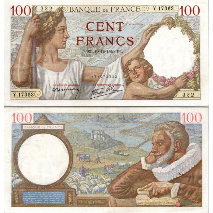 100 Francs Sully - 19/12/1940 - F.26.43 - Alph 17363 - SPL