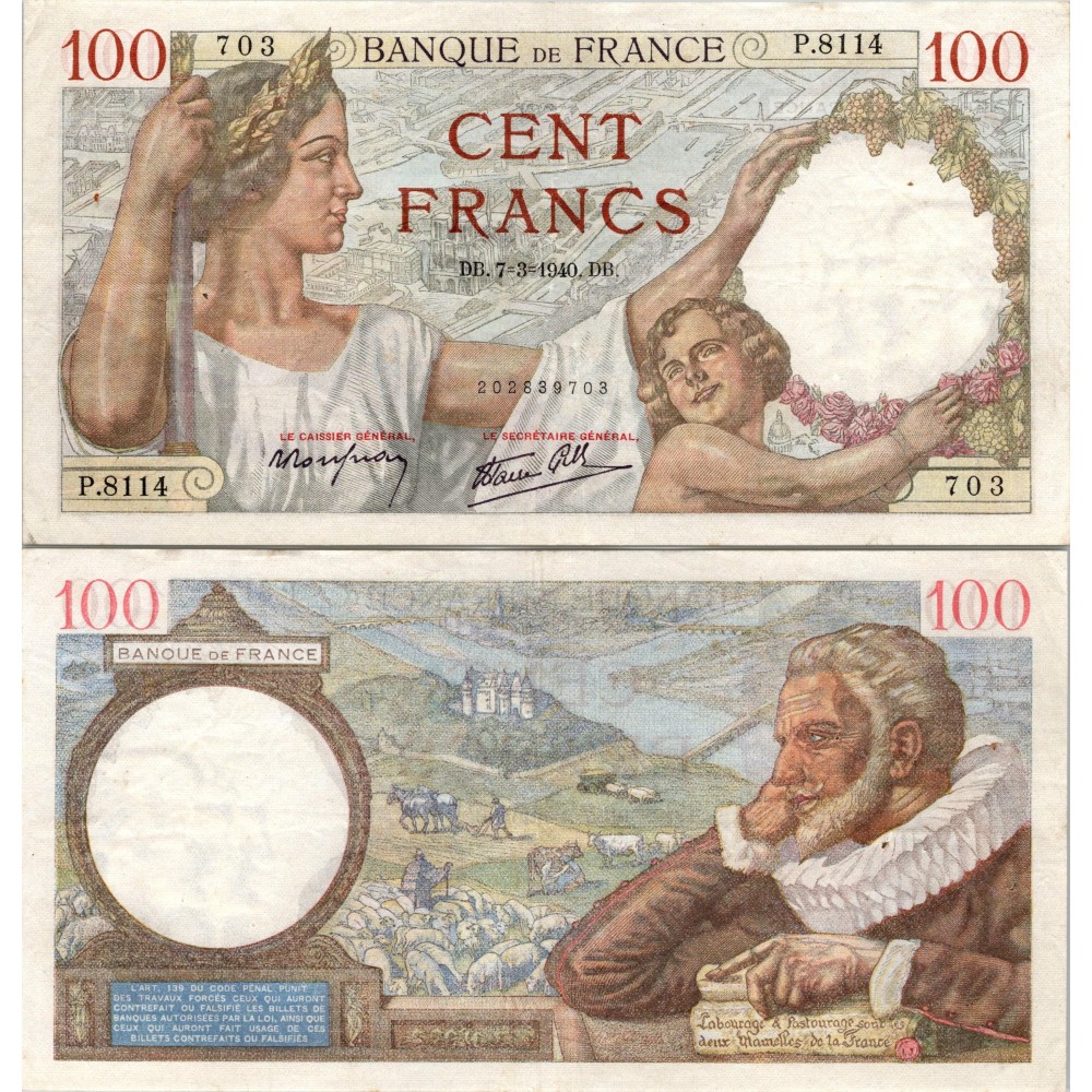 100 Francs Sully - 7/03/1940 - F.26.24 - Alph 8114 - SUP
