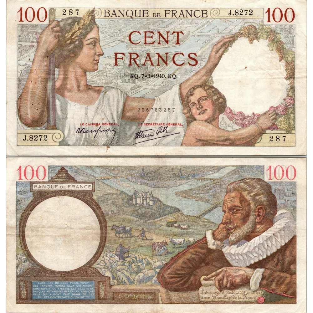 100 Francs Sully - 7/03/1940 - F.26.24 - Alph 8272 - TTB