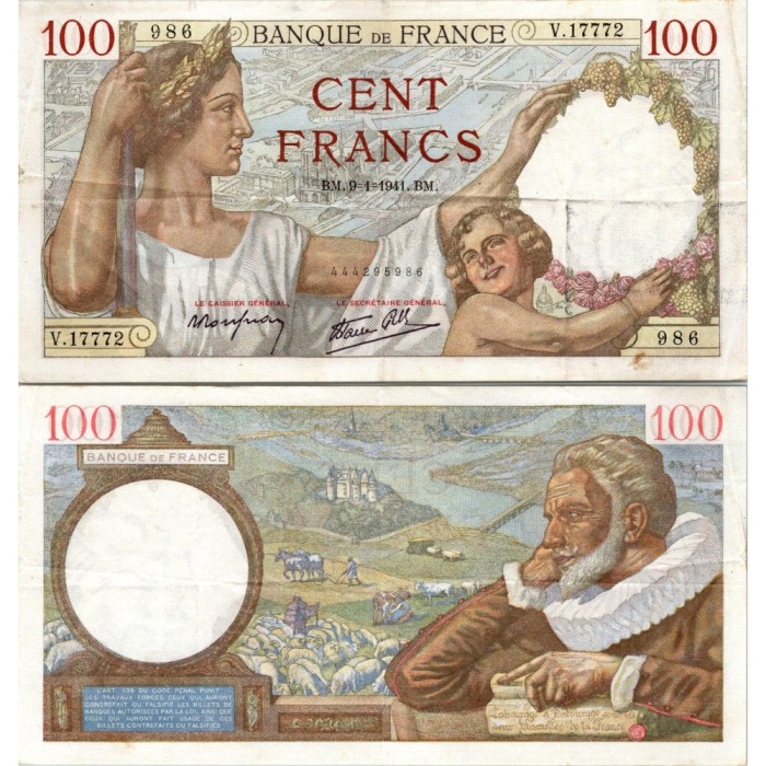 100 Francs Sully - 09/01/1941 - F.26.44 - Alph 17772 - TB