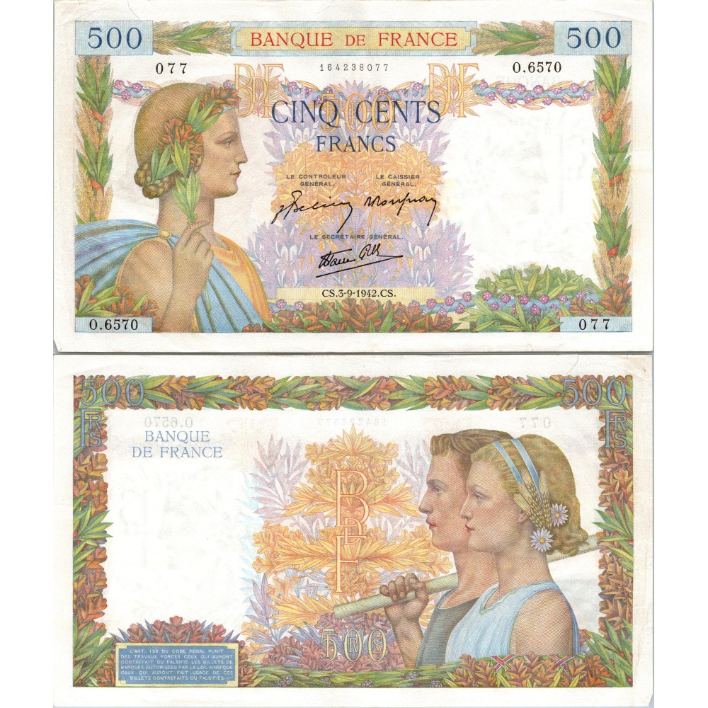 500 Francs La Paix - 3/09/1942 - F.32.39 - Alph 6570 - SUP