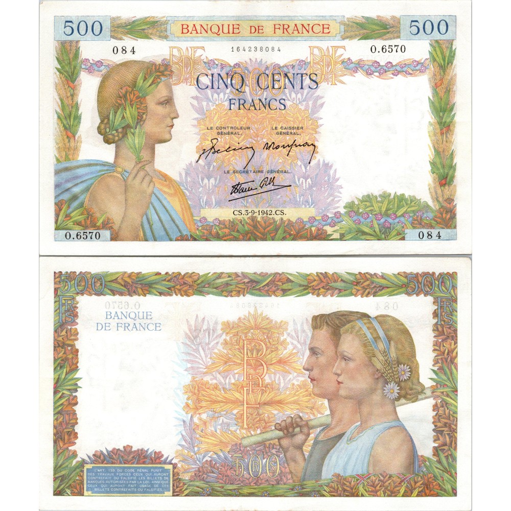 500 Francs La Paix - 3/09/1942 - F.32.39 - Alph 6570 - SUP
