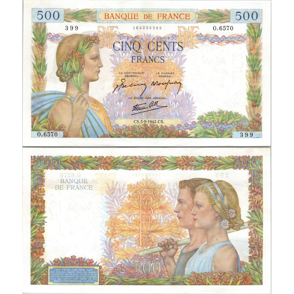 500 Francs La Paix - 3/09/1942 - F.32.39 - Alph 6570 - SUP