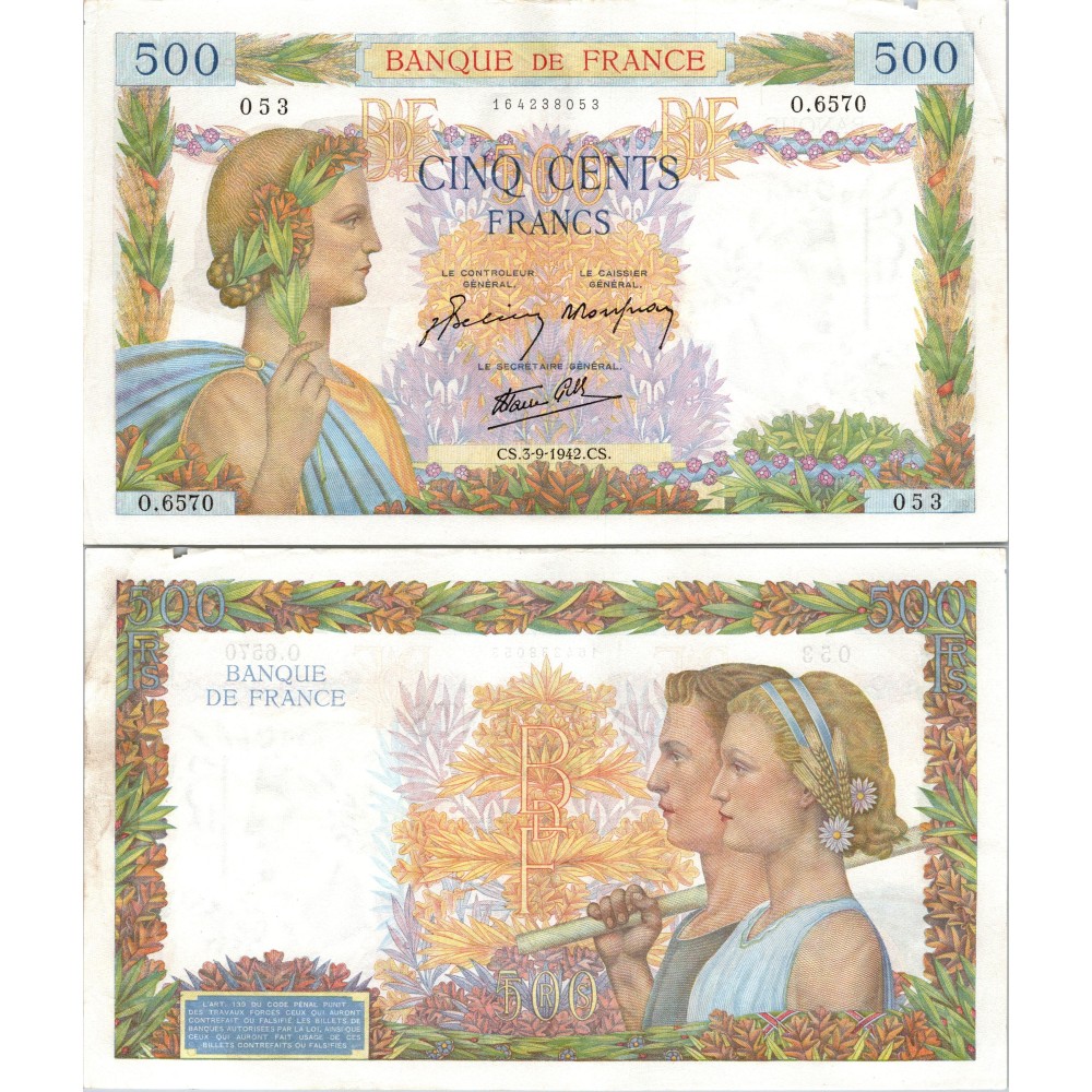 500 Francs La Paix - 3/09/1942 - F.32.39 - Alph 6570 - SUP