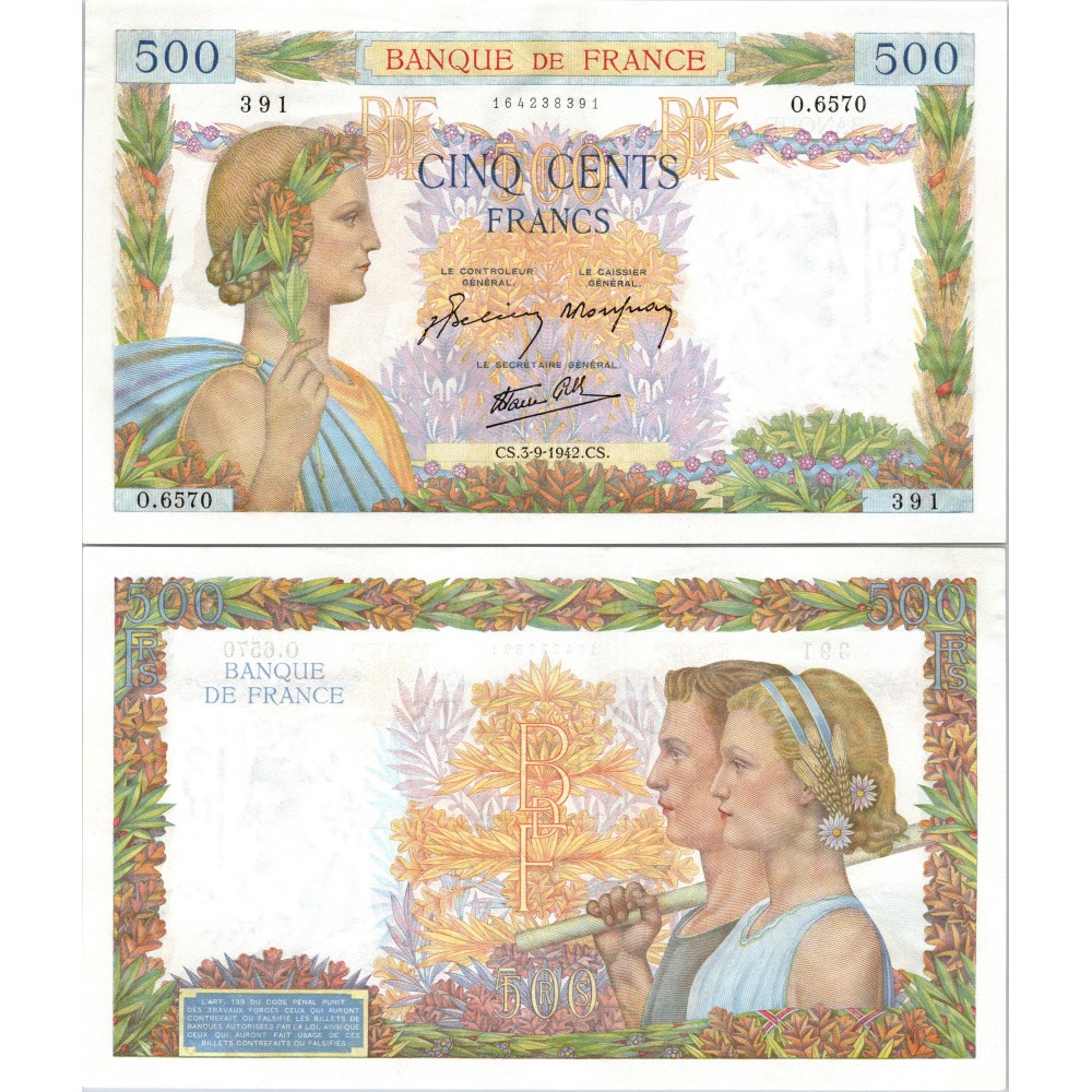 500 Francs La Paix - 3/09/1942 - F.32.39 - Alph 6570 - SUP