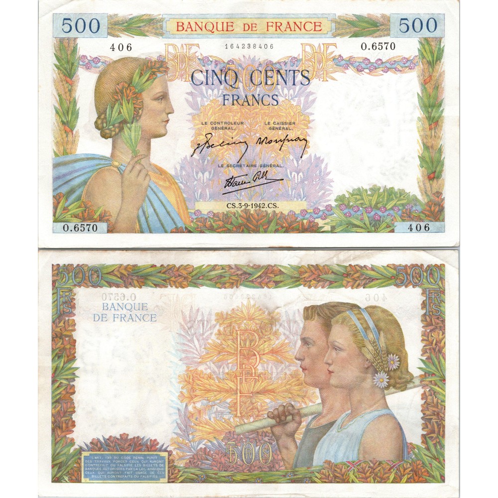 500 Francs La Paix - 3/09/1942 - F.32.39 - Alph 6570 - SUP