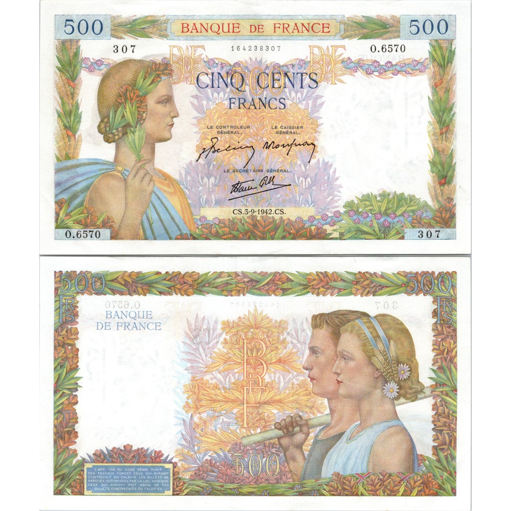 500 Francs La Paix - 3/09/1942 - F.32.39 - Alph 6570 - SUP