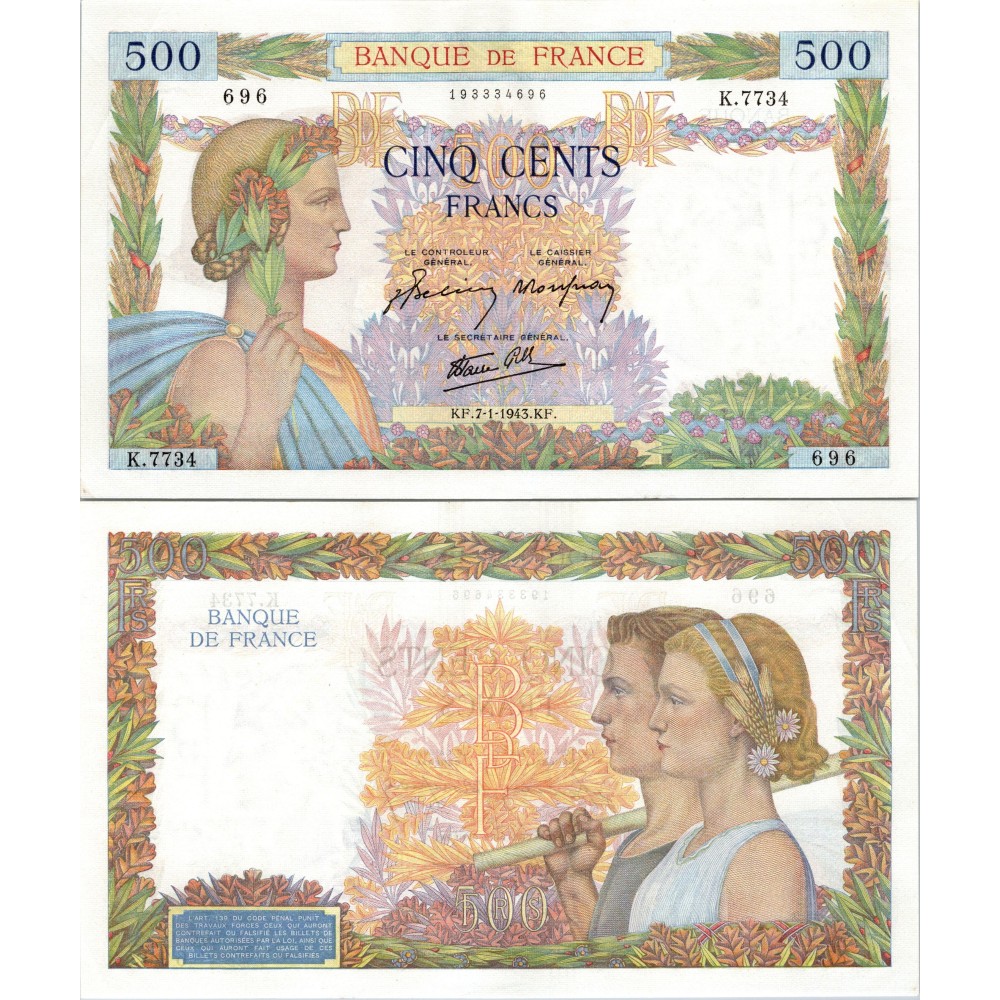 500 Francs La Paix - 7/01/1943 - F.32.44 - Alph 7734 - SPL