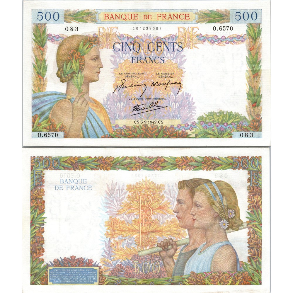 500 Francs La Paix - 3/09/1942 - F.32.39 - Alph 6570 - SUP