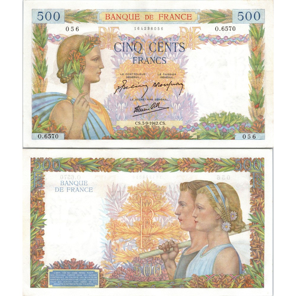 500 Francs La Paix - 3/09/1942 - F.32.39 - Alph 6570 - SUP
