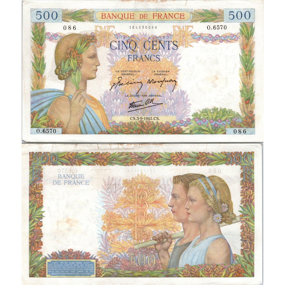 500 Francs La Paix - 3/09/1942 - F.32.39 - Alph 6570 - SUP