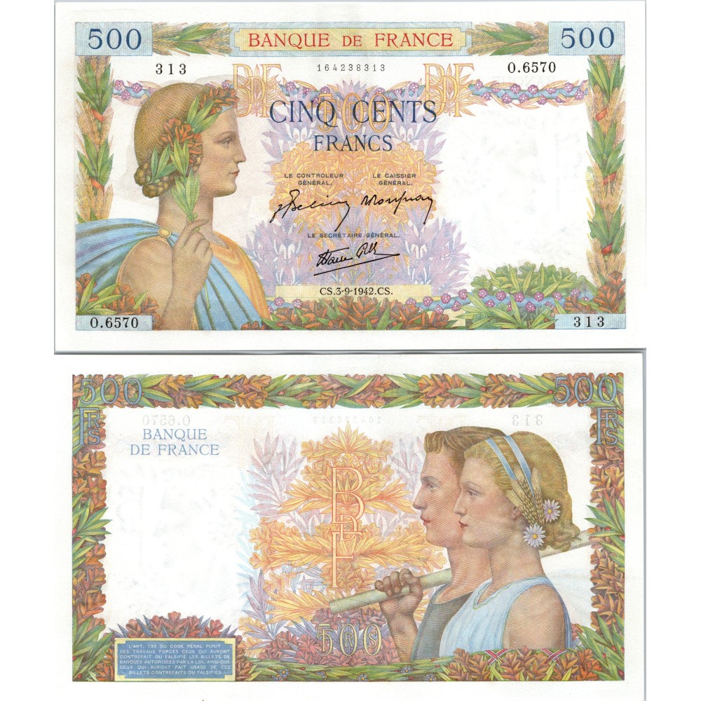 500 Francs La Paix - 3/09/1942 - F.32.39 - Alph 6570 - SUP