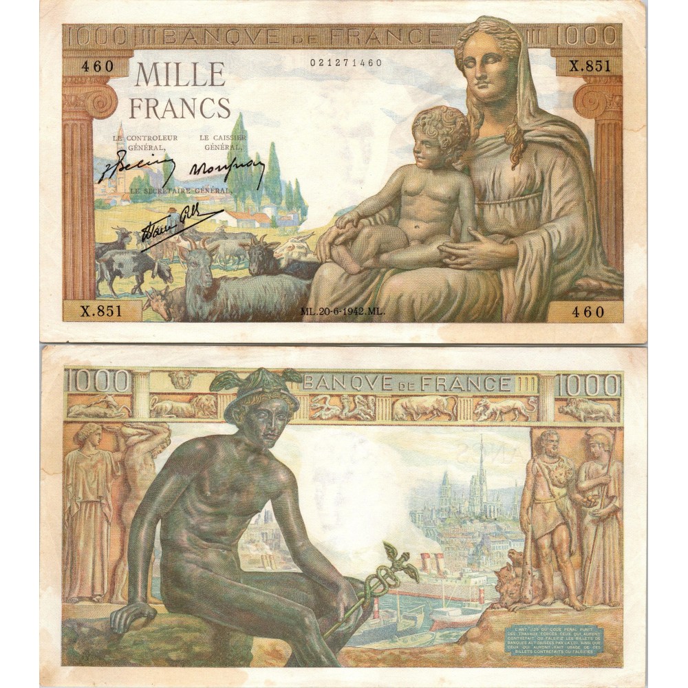 1000 Francs Déesse déméter - 20/06/1942 - F.40.03 - Alph 851 - TTB