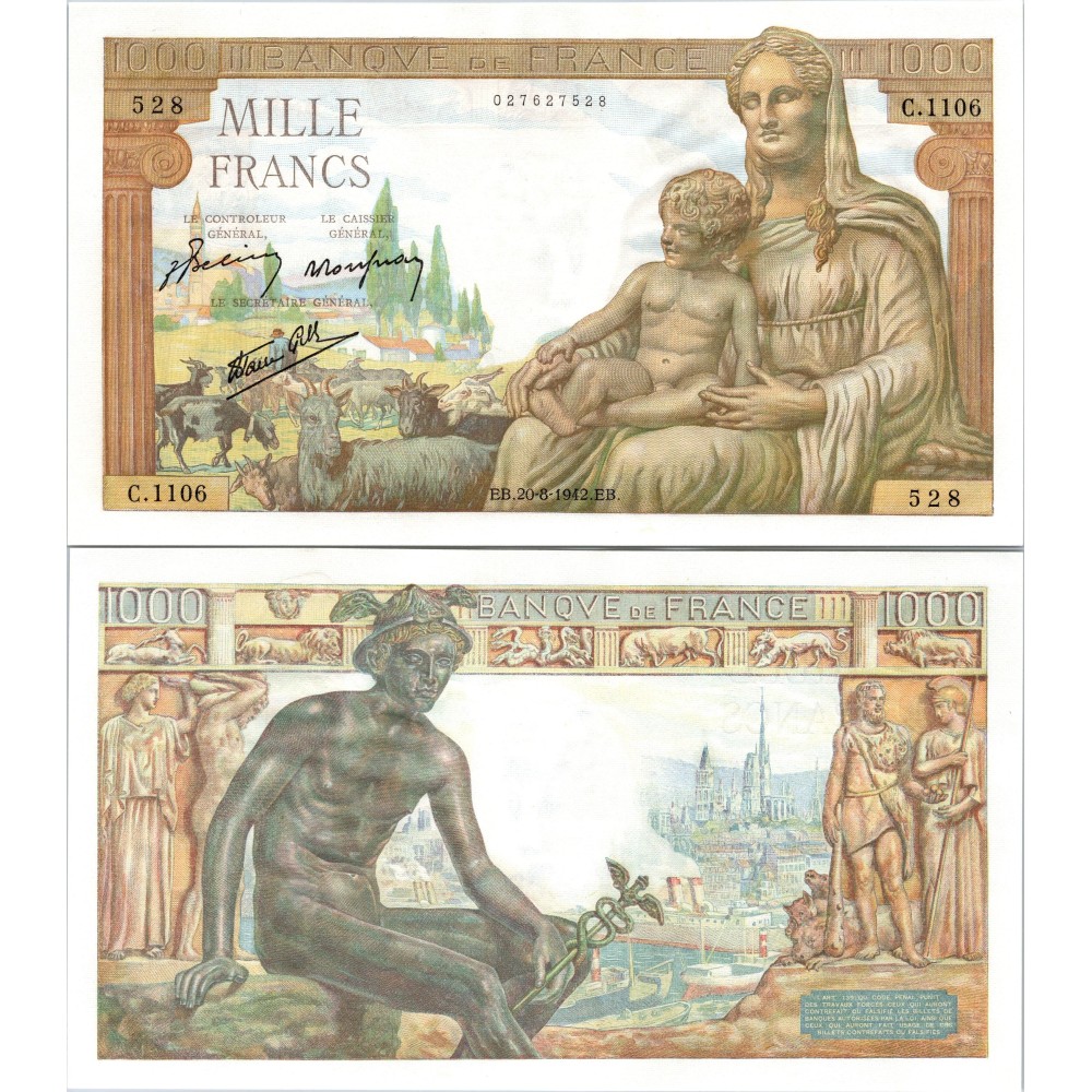 1000 Francs Déesse déméter - 20/06/1942 - F.40.03 - Alph 1106 - SPL