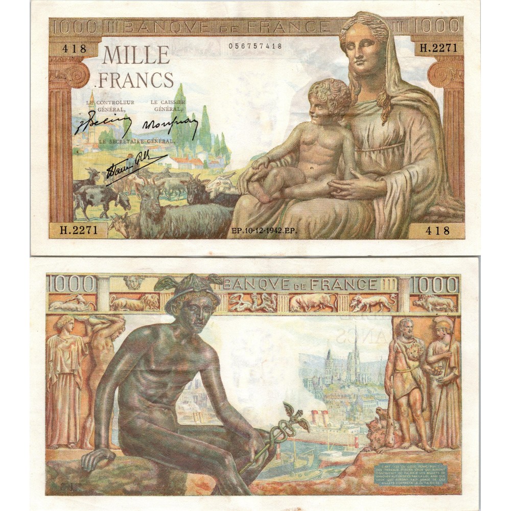 1000 Francs Déesse déméter - 10/12/1942 - F.40.13 - Alph 2271 - SUP