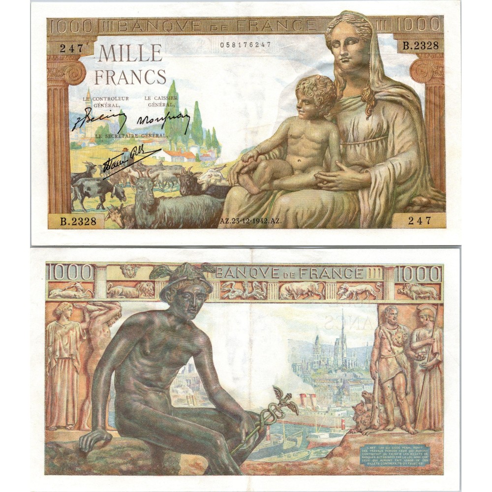 1000 Francs Déesse déméter - 23/12/1942 - F.40.14 - Alph 2328 - SUP