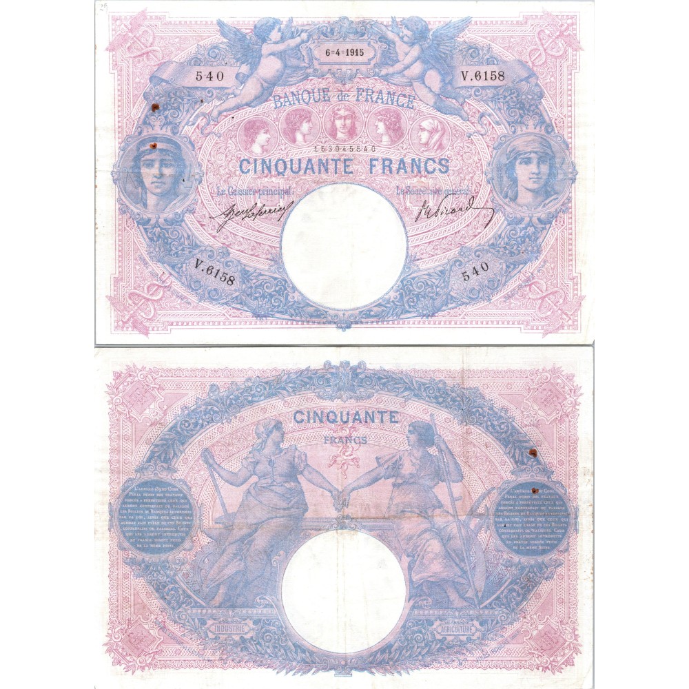 50 Francs Bleu et Rose - 6/04/1915 - F.14.28 - Alph 6158 - TTB