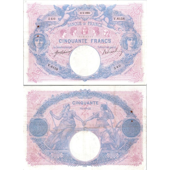 50 Francs Bleu et Rose - 6/04/1915 - F.14.28 - Alph 6158 - TTB