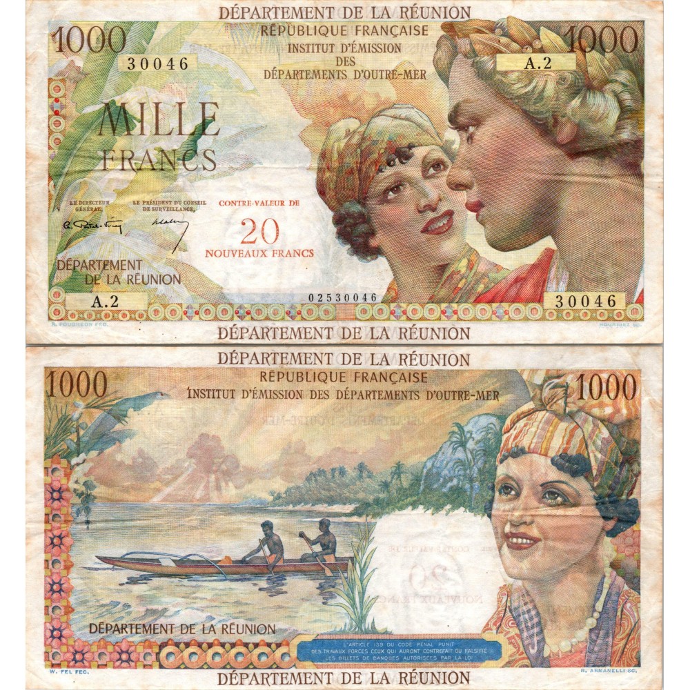 20 Nouveaux Francs sur 1000 -  - Réunion. - Alph 2 - TTB