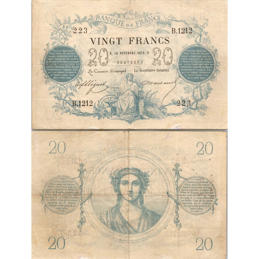 20 Francs Type 1871 - Bleu - 16/11/1872 - F.A46.03 - Alph 1212 - TTB
