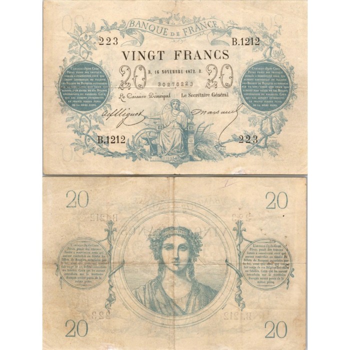 20 Francs Type 1871 - Bleu - 16/11/1872 - F.A46.03 - Alph 1212 - TTB