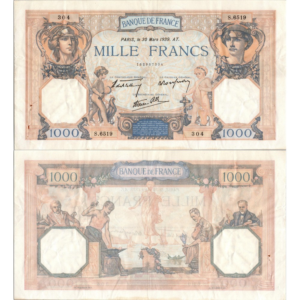 1000 Francs Cérès et Mercure - 30/03/1939 - F.38.35 - Alph 6519 - TTB