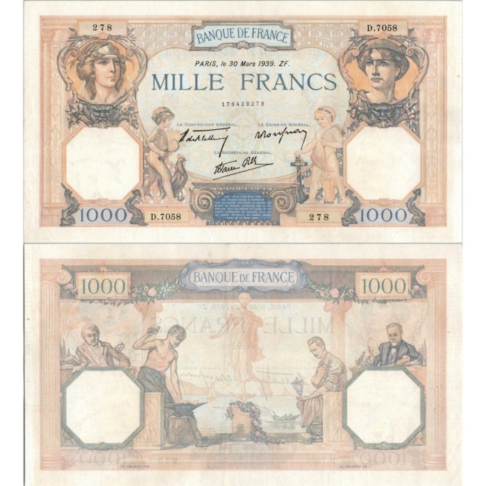 1000 Francs Cérès et Mercure - 30/03/1939 - F.38.35 - Alph 7058 - SUP