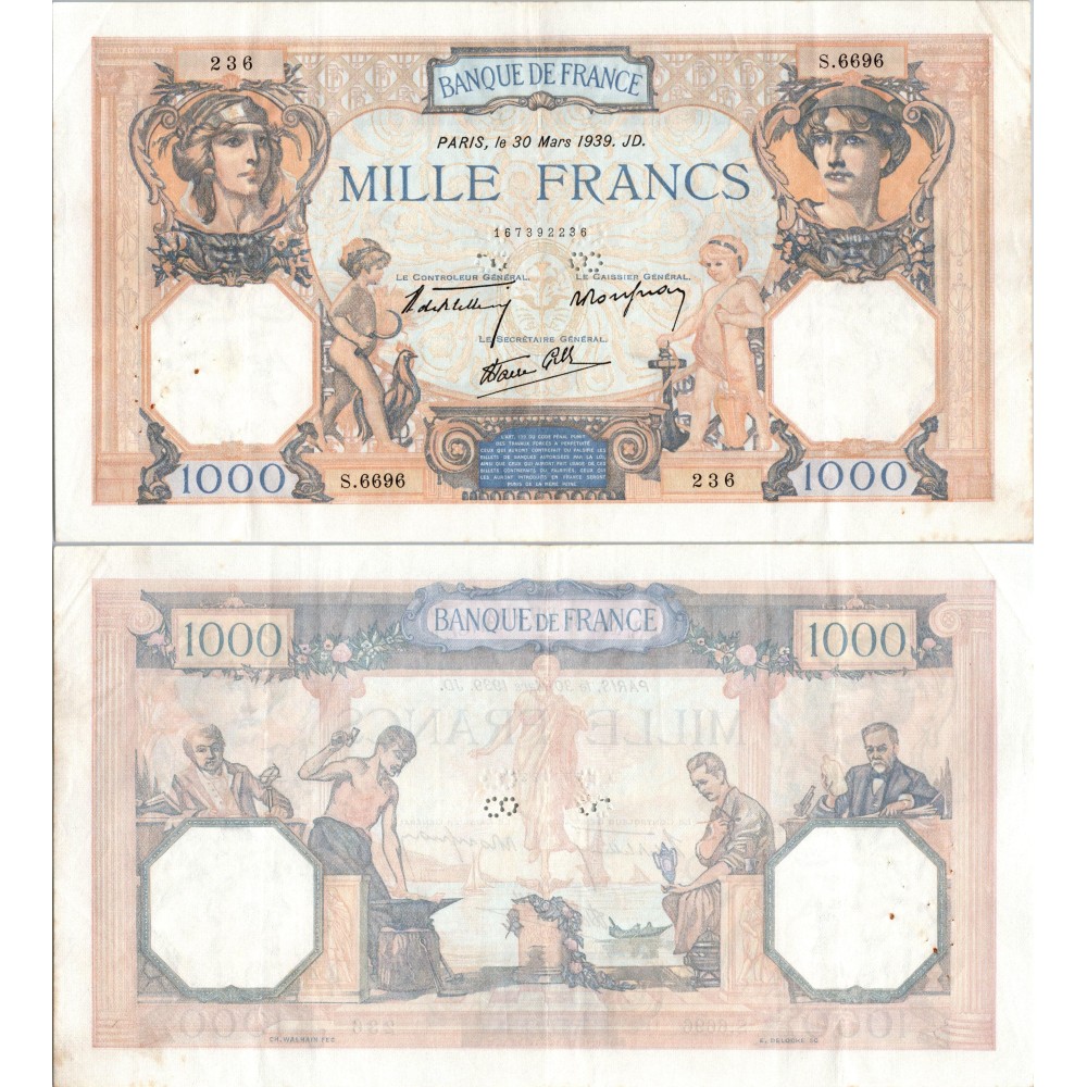 1000 Francs Cérès et Mercure - 30/03/1939 - F.38.35 - Alph 6696 - SUP