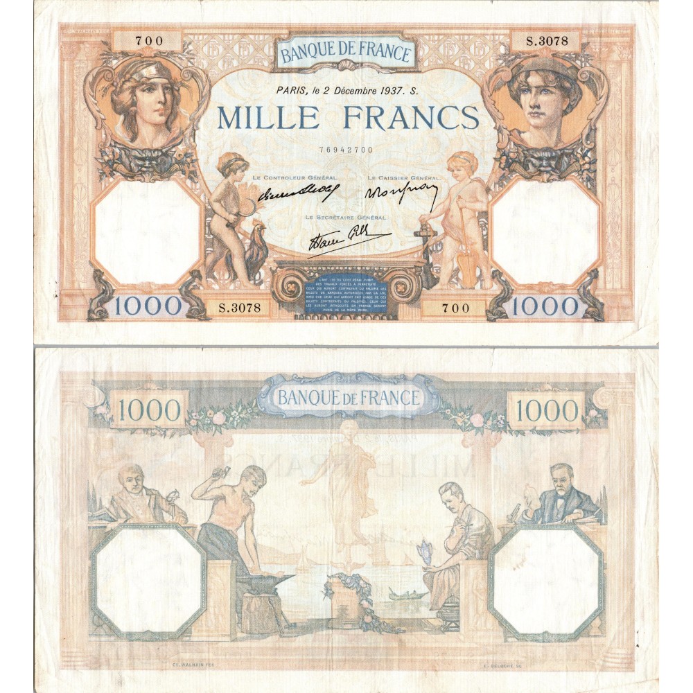 1000 Francs Cérès et Mercure - 2/12/1937 - F.38.05 - Alph 3078 - TTB