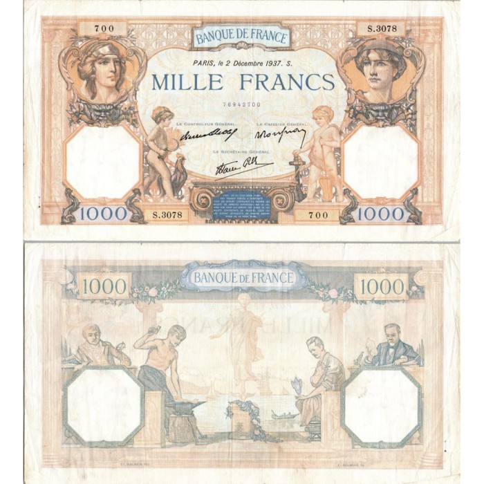 1000 Francs Cérès et Mercure - 2/12/1937 - F.38.05 - Alph 3078 - TTB