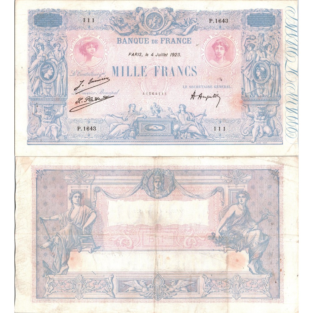 1000 Francs Bleu et Rose - 4/07/1923 - F.36.39 - Alph 1643 - TTB