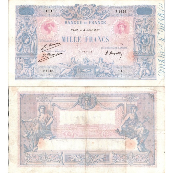 1000 Francs Bleu et Rose - 4/07/1923 - F.36.39 - Alph 1643 - TTB