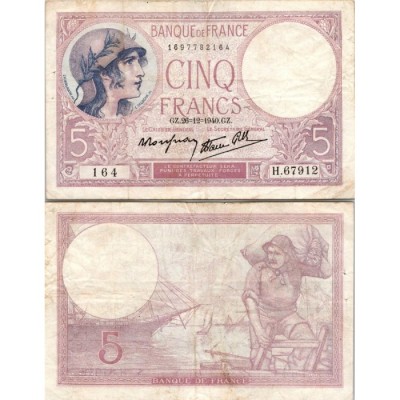 5 Francs Femme Casquée - 26/12/1940 - F.04.18 - Alph 67912 - TB