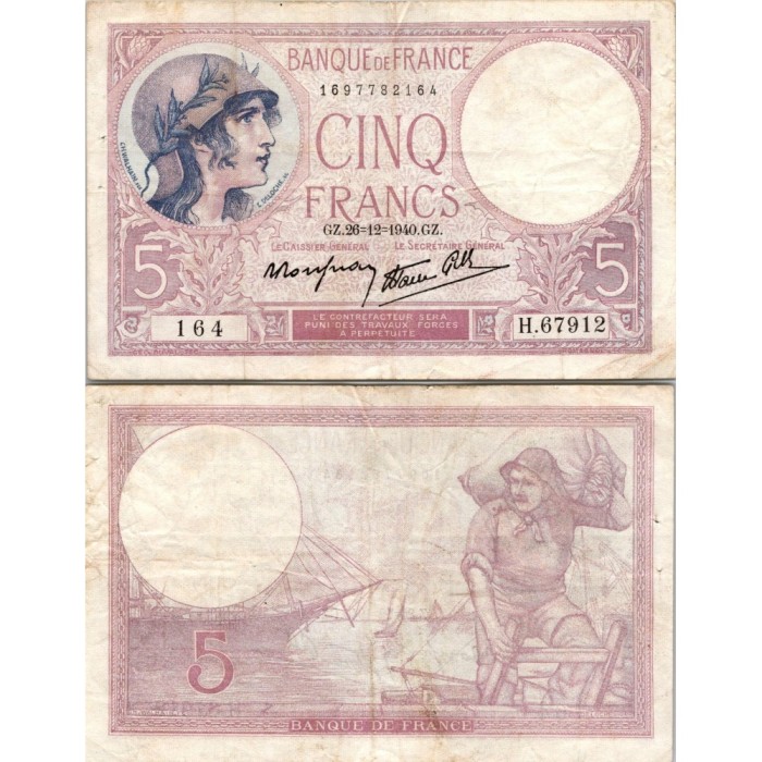 5 Francs Femme Casquée - 26/12/1940 - F.04.18 - Alph 67912 - TB