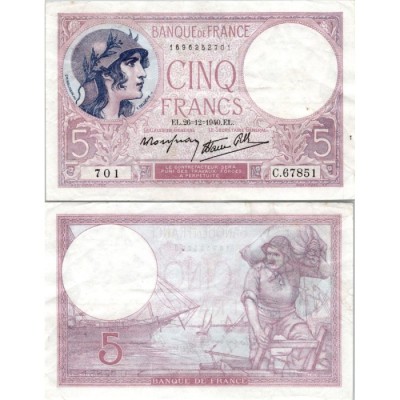 5 Francs Femme Casquée - 26/12/1940 - F.04.18 - Alph 67851 - TTB