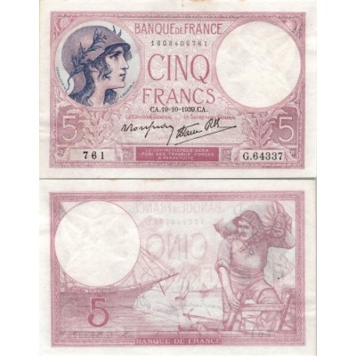 5 Francs Femme Casquée - 19/10/1939 - F.04.12 - Alph 64337 - TTB