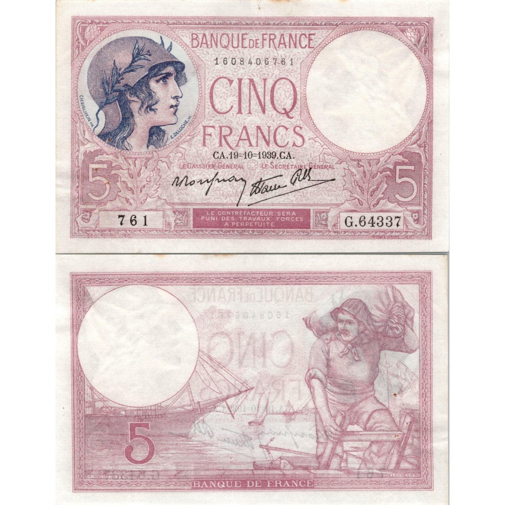 5 Francs Femme Casquée - 19/10/1939 - F.04.12 - Alph 64337 - TTB