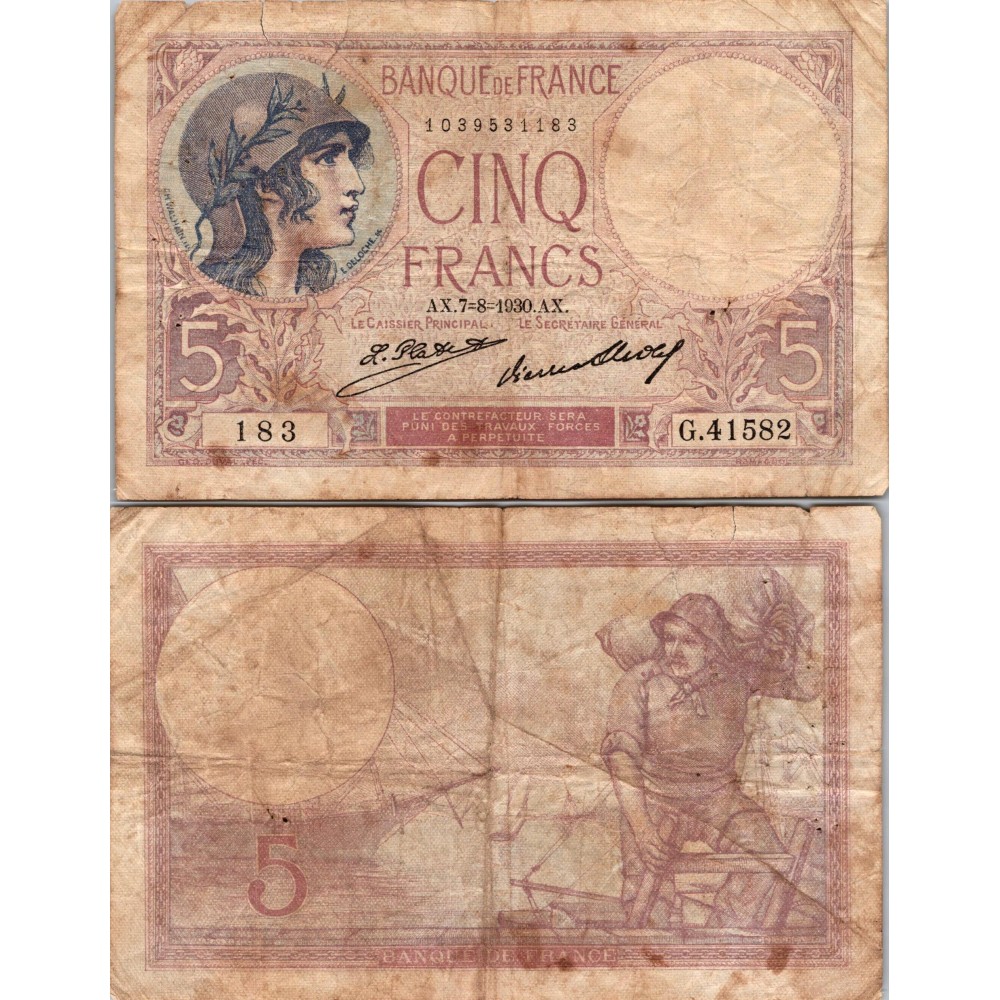 5 Francs Femme Casquée - 7/08/1930 - F.03.14a - Alph 41582 - B