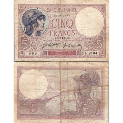 5 Francs Femme Casquée - 9/06/1921 - F.03.05 - Alph 8164 - TB