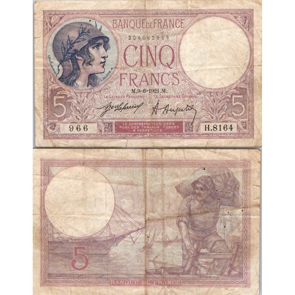 5 Francs Femme Casquée - 9/06/1921 - F.03.05 - Alph 8164 - TB