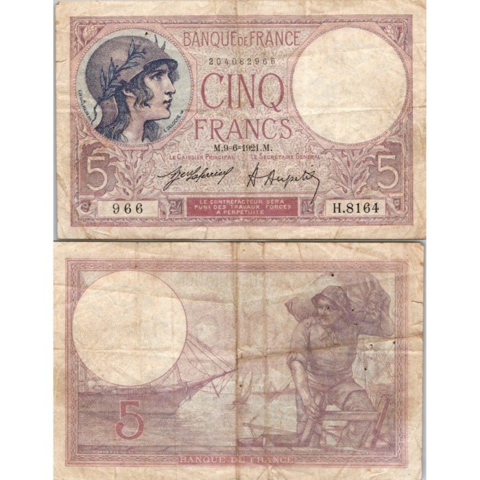 5 Francs Femme Casquée - 9/06/1921 - F.03.05 - Alph 8164 - TB